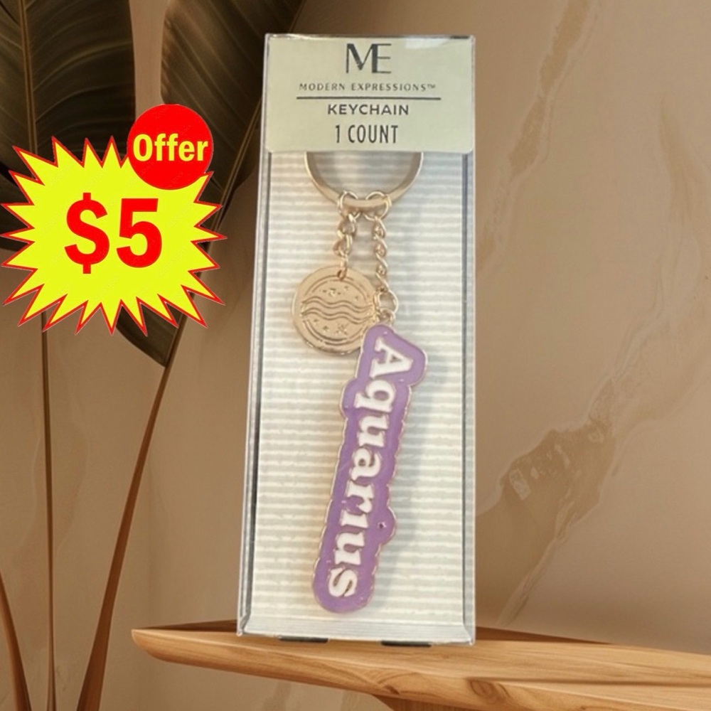 💫 NEW  Gold Plated "Aquarius" Horoscope Keychain Purple Accent Color Keychains
